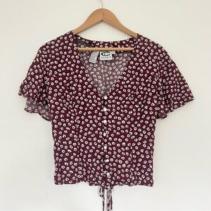 Vintage 80a 90s CC Studio Burgundy Floral Blouse Ruffled Sleeves Lace Up Back 14